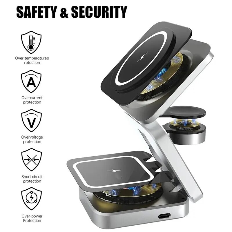 3 в 1 магнитна безжична зарядна стойка за iPhone 15 14 13 12 Pro Max IWatch 8 7 6 5 Станция за бързо зареждане Airprods Macsafe