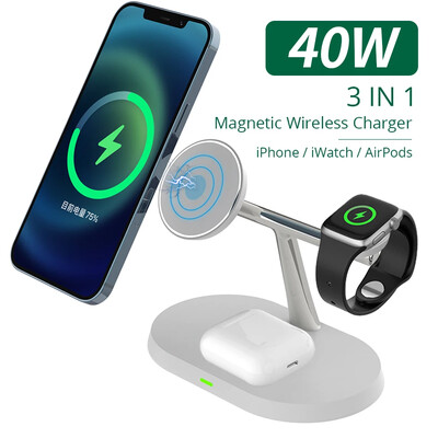 40 W 3 az 1-ben mágneses vezeték nélküli töltőállvány Macsafe iPhone 15 14 13 12 Pro Max Apple Watch 1-9 AirPods gyorstöltő állomáshoz