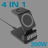 Suport magnetic 4 în 1 pentru telefon, încărcător fără fir de 200 W pentru iPhone 12 13 14 iWatch 3 4 5 6 8 SE Airpods Pro cu încărcare cu ceas cu alarmă