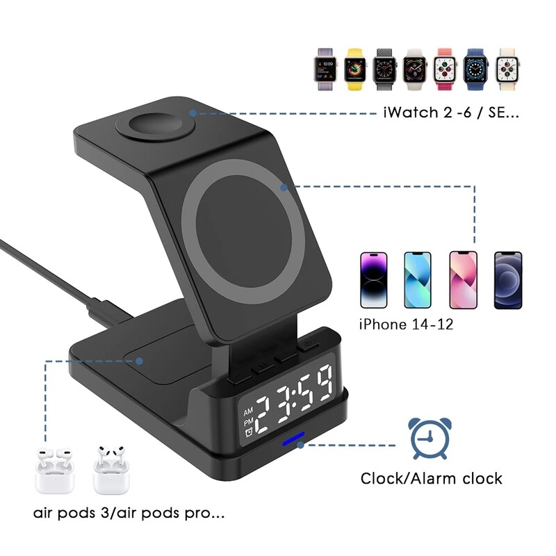 Suport magnetic 4 în 1 pentru telefon, încărcător fără fir de 200 W pentru iPhone 12 13 14 iWatch 3 4 5 6 8 SE Airpods Pro cu încărcare cu ceas cu alarmă