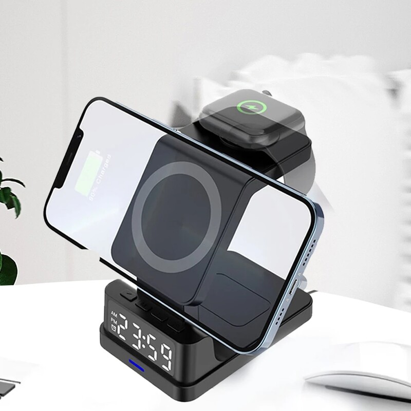 Suport magnetic 4 în 1 pentru telefon, încărcător fără fir de 200 W pentru iPhone 12 13 14 iWatch 3 4 5 6 8 SE Airpods Pro cu încărcare cu ceas cu alarmă