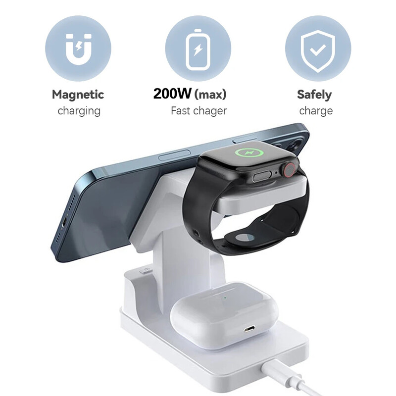 Suport magnetic 4 în 1 pentru telefon, încărcător fără fir de 200 W pentru iPhone 12 13 14 iWatch 3 4 5 6 8 SE Airpods Pro cu încărcare cu ceas cu alarmă