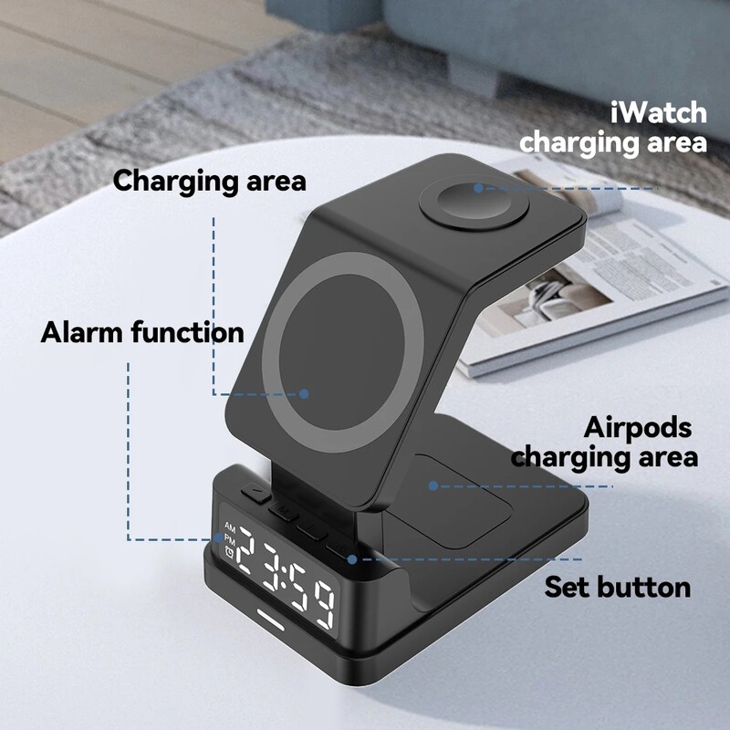 Suport magnetic 4 în 1 pentru telefon, încărcător fără fir de 200 W pentru iPhone 12 13 14 iWatch 3 4 5 6 8 SE Airpods Pro cu încărcare cu ceas cu alarmă