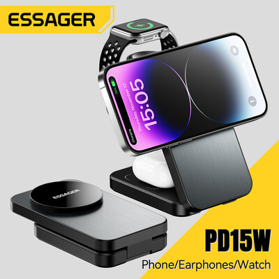 Essager 3 az 1-ben mágneses 15 W-os vezeték nélküli töltőállvány iPhone 15 Pro Max Airpodokhoz Apple Watch telefon gyorstöltő állomás tartó