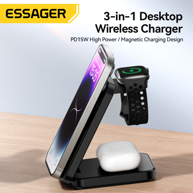 Essager 3 u 1 magnetski stalak za bežični punjač od 15 W za iPhone 15 Pro Max Airpods Apple Watch telefon Držač stanice za brzo punjenje