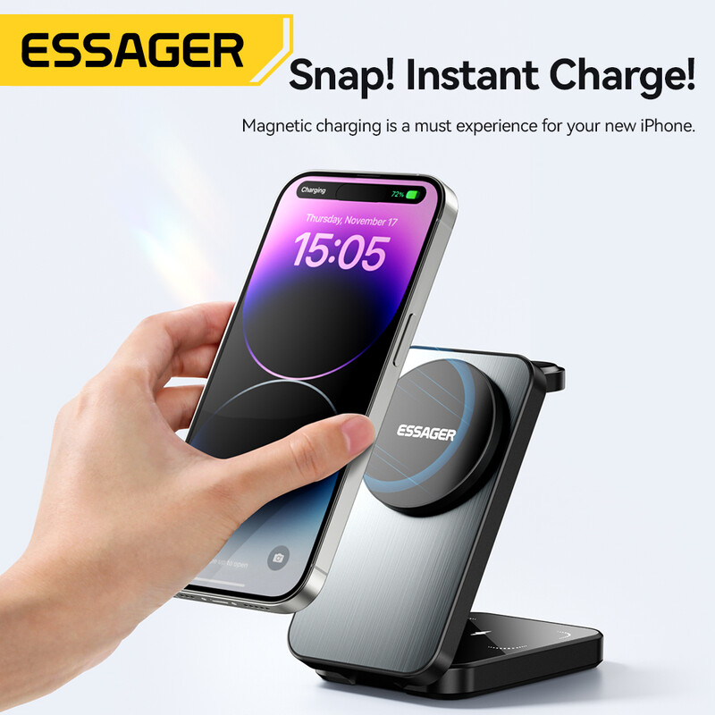 Essager 3 u 1 magnetski stalak za bežični punjač od 15 W za iPhone 15 Pro Max Airpods Apple Watch telefon Držač stanice za brzo punjenje
