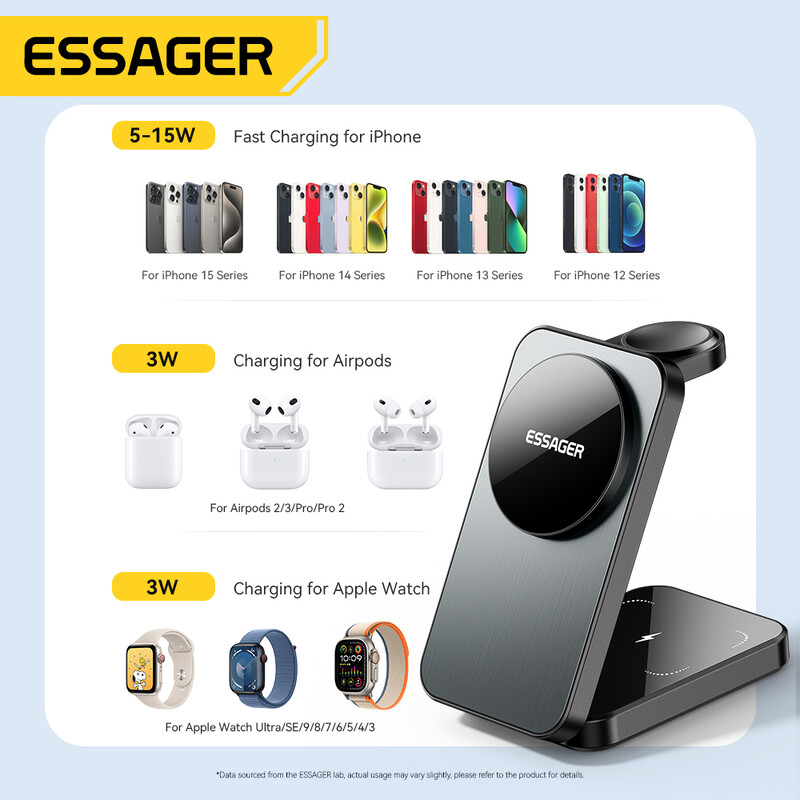 Essager 3 u 1 magnetski stalak za bežični punjač od 15 W za iPhone 15 Pro Max Airpods Apple Watch telefon Držač stanice za brzo punjenje