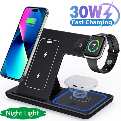 30 W-os LED gyors vezeték nélküli töltőállvány 3 az 1-ben összecsukható töltőállomás iPhone 15 14 13 12 11 Apple Watch 9 8 7 6 5 Airpods Pro készülékhez