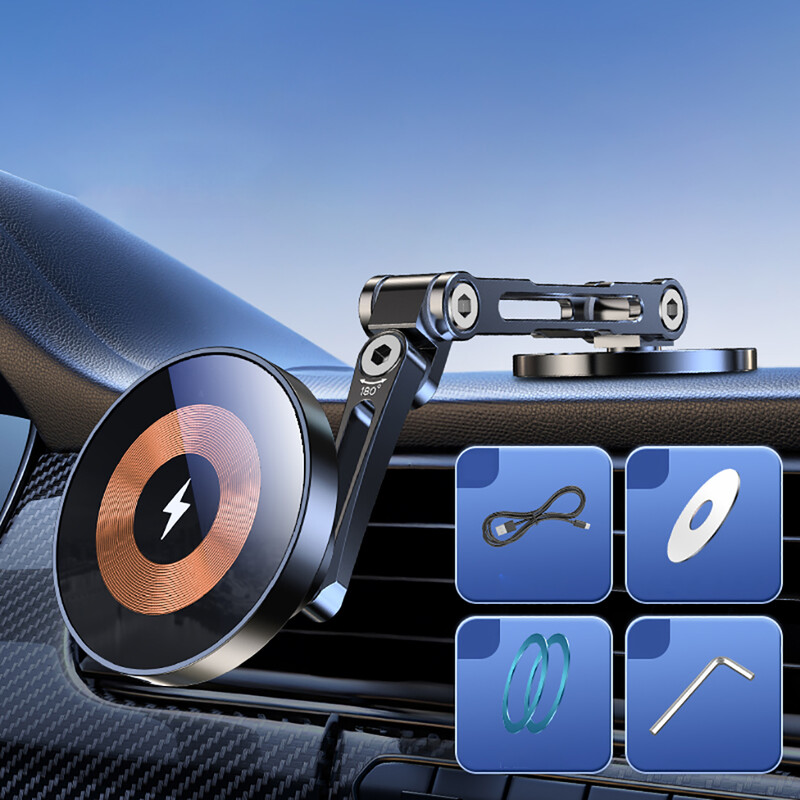 Magnetski stalak za telefon, auto, bežični punjač, 180 rotacija, 15 W, brzo punjenje za Magsafe za iPhone 15 14 13 12 11 Pro Max