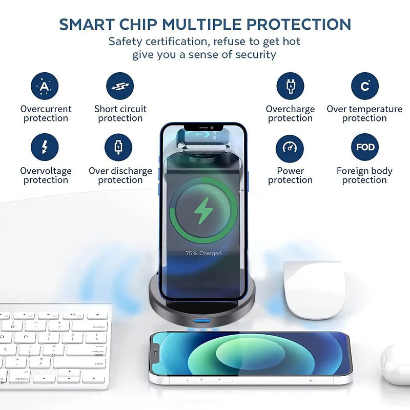 3-в-1 безжична магнитна зарядна стойка за MagSafe 15W бързо зареждаща докинг станция за Apple Watch iPhone 15/14/13/12 pro max