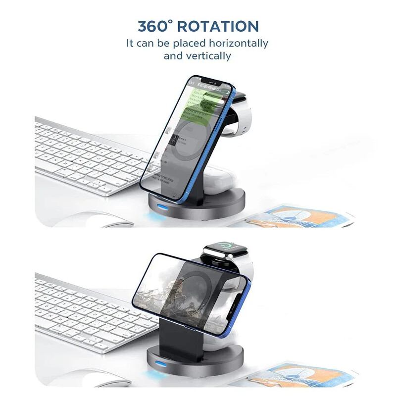 3-в-1 безжична магнитна зарядна стойка за MagSafe 15W бързо зареждаща докинг станция за Apple Watch iPhone 15/14/13/12 pro max