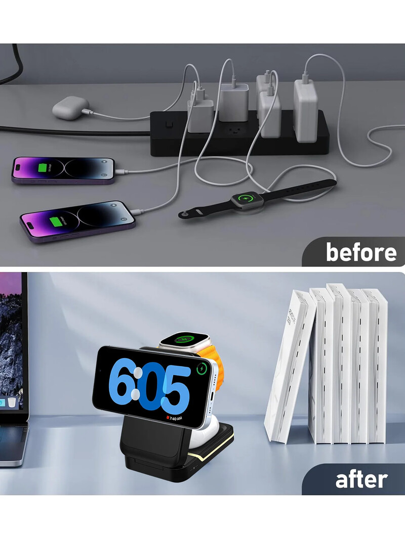 3 в 1 безжична зарядна станция за зарядно устройство Apple MagSafe, сгъваемо магнитно зарядно устройство за пътуване за iPhone Apple Watch AirPods Pro