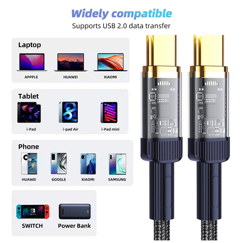 Tip C do tipa C 100w Pd prozirni kabel za brzo punjenje Podatkovni kabel za iPhone Samsung Xiaomi Huawei Macbook kabeli