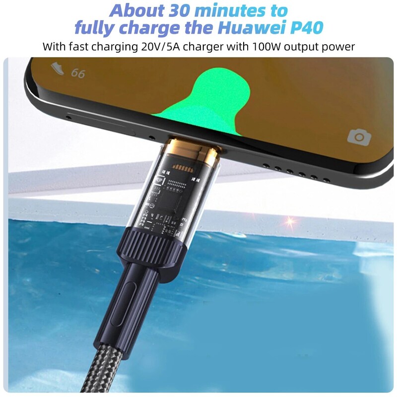 Tip C do tipa C 100w Pd prozirni kabel za brzo punjenje Podatkovni kabel za iPhone Samsung Xiaomi Huawei Macbook kabeli