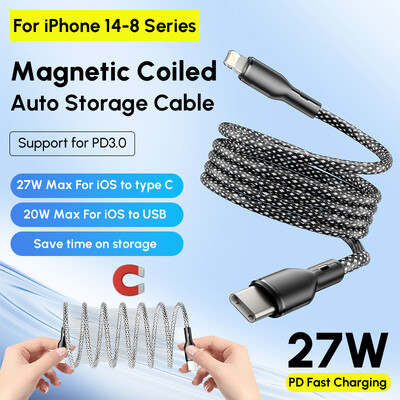 27 W-os 100 W-os mágneses C típusú USB-csatlakozó iOS-hez kábel tekercses gyorstöltés iPhone 15 14 13 Pro max Samsung S23 Google mágneses tárolóhoz