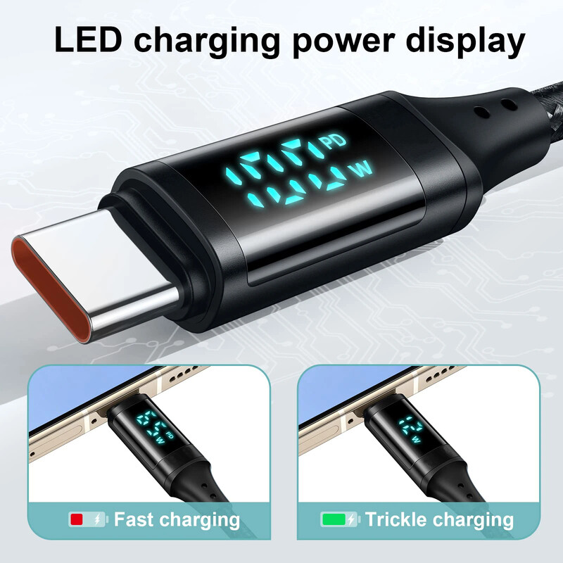 100W brzo punjenje digitalnog zaslona pleteni PD USB AC na tip C podatkovni kabel 5A 20V E-Marker čip za Samsung iPhone 15 Huawei Xiaomi