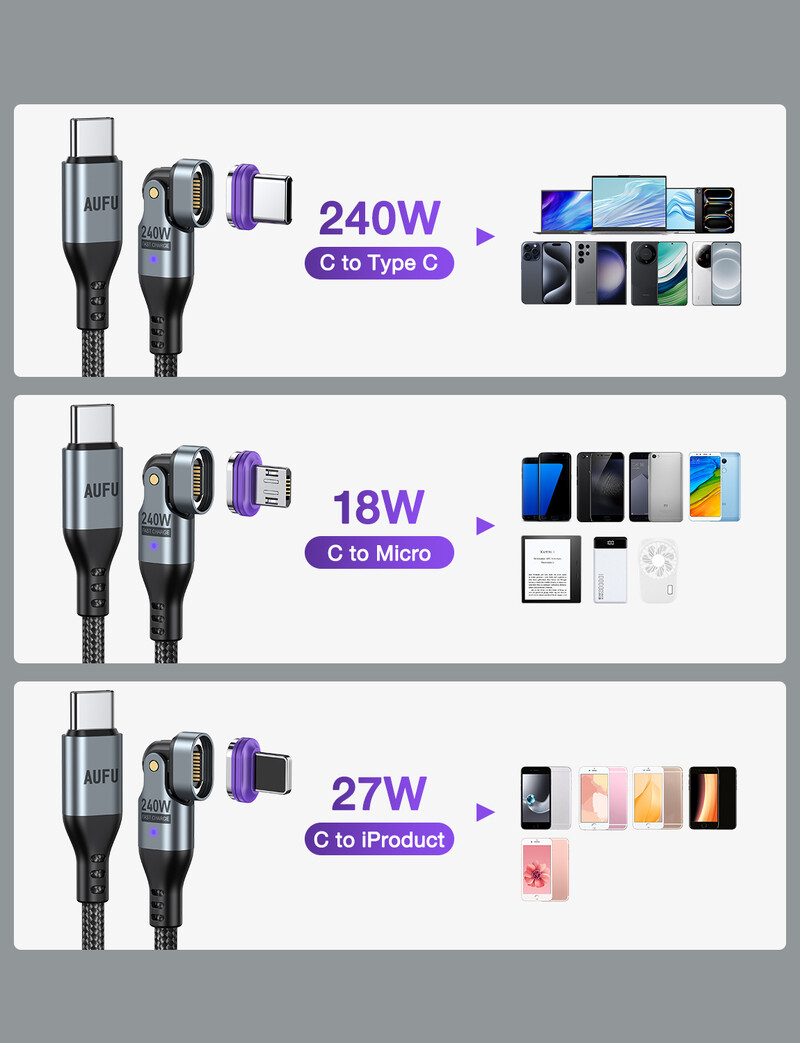 AUFU 240W магнитен кабел за супер бързо зареждане за iPhone 16 15 Pro max USB тип C към USB C проводник 5A за лаптоп Macbook Xiaomi