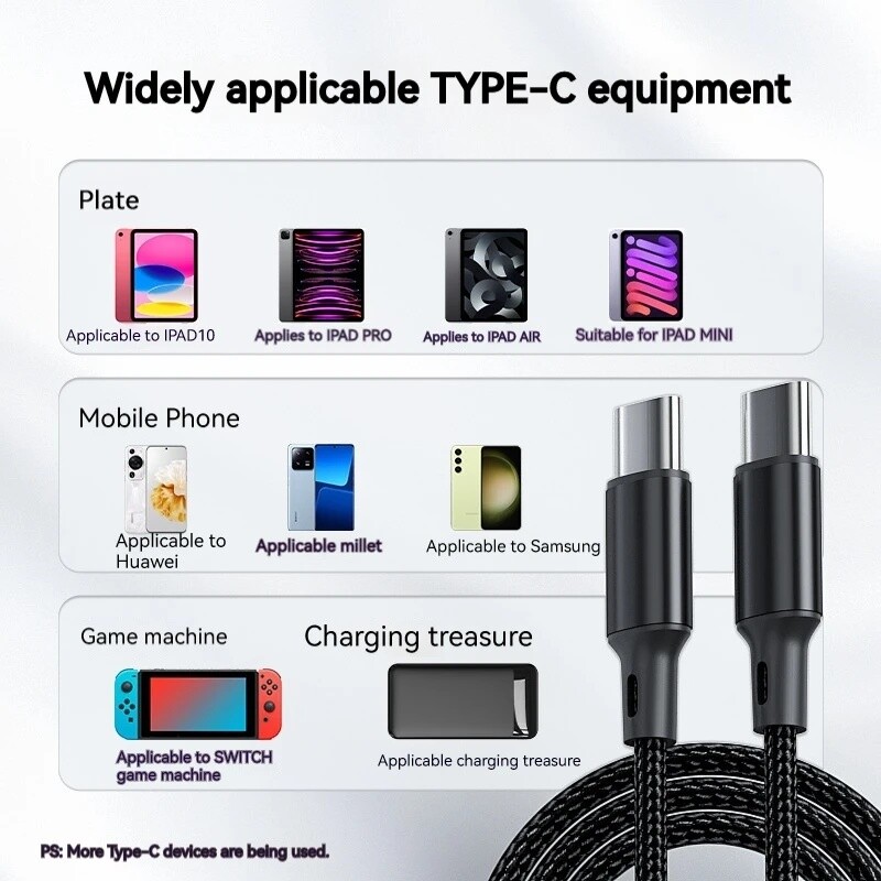 Тип C до C кабел за данни Dual Head Pd60W Fast Charging Knit Ctoc Car Charging Cable for Iphone Laptop Huawei Xiaomi Type C Phone
