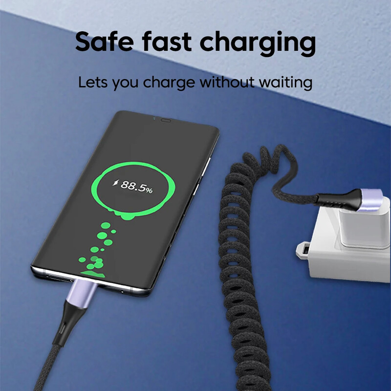 20CM до 1.2M автомобилен пружинен кабел 66W бързо зареждане USB тип C към тип C кабел за iPhone 16 15 Huawei Xiaomi Samsung USB C кабел