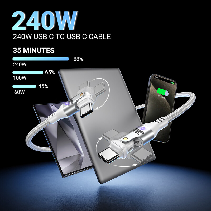 AUFU 240 W USB Type C кабел за iPhone 16 15 MacBook лаптоп 180 градуса 5A Супер бързо зареждане USB C кабел за данни Телен кабел 1 м 2 м 3 м