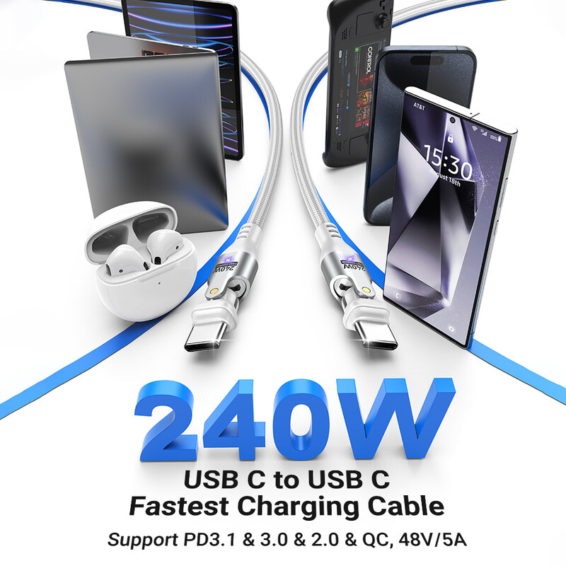 AUFU 240 W USB Type C кабел за iPhone 16 15 MacBook лаптоп 180 градуса 5A Супер бързо зареждане USB C кабел за данни Телен кабел 1 м 2 м 3 м