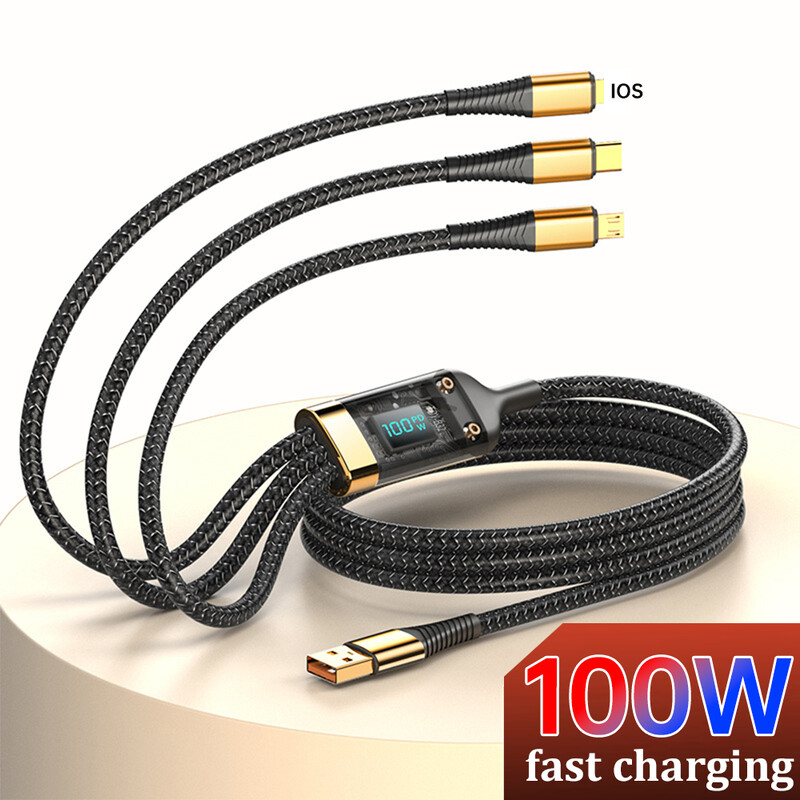 3 u 1 100 W digitalni prozirni kabel za punjenje Super brzo punjenje 3 u 1 podatkovni kabel prikladan za Apple Huawei Xiaomi telefone