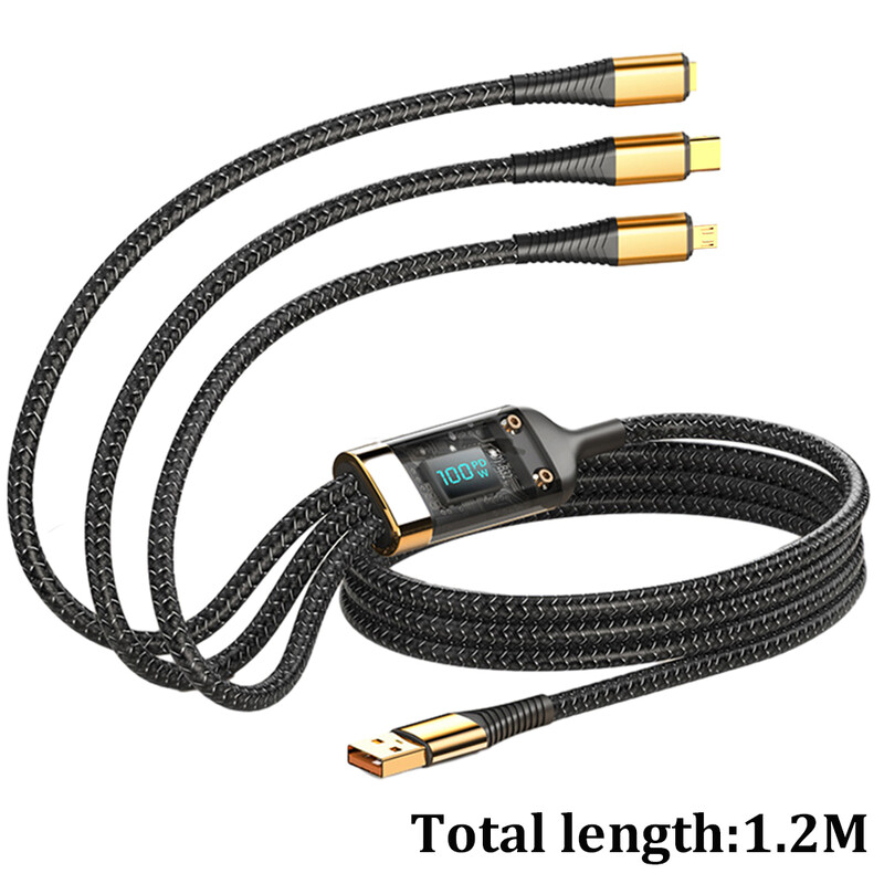 3 u 1 100 W digitalni prozirni kabel za punjenje Super brzo punjenje 3 u 1 podatkovni kabel prikladan za Apple Huawei Xiaomi telefone