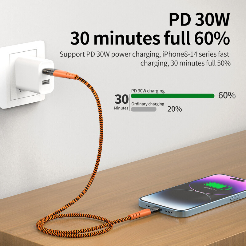 PD 30W Type-C do Lightning Fast kabel za punjenje, prozirni USB-C kabel punjača za iPhone 14 13 12 11 iPad-pozlaćeni utikač