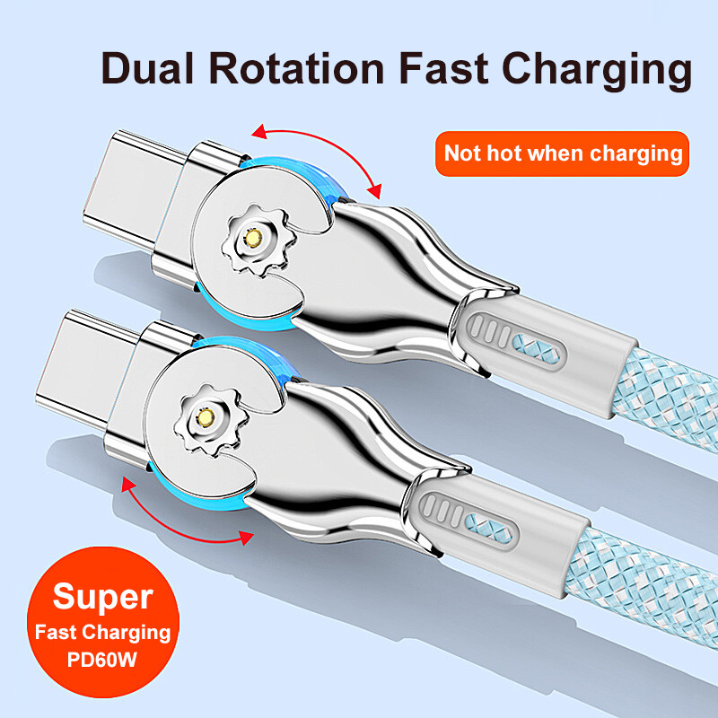 PD 30 W super brzi kabel za punjenje, rotacija u koljenu od 180 stupnjeva, USB A tipa C do tipa C kabel s pletenim podatkovnim kabelom od lake legure cinka