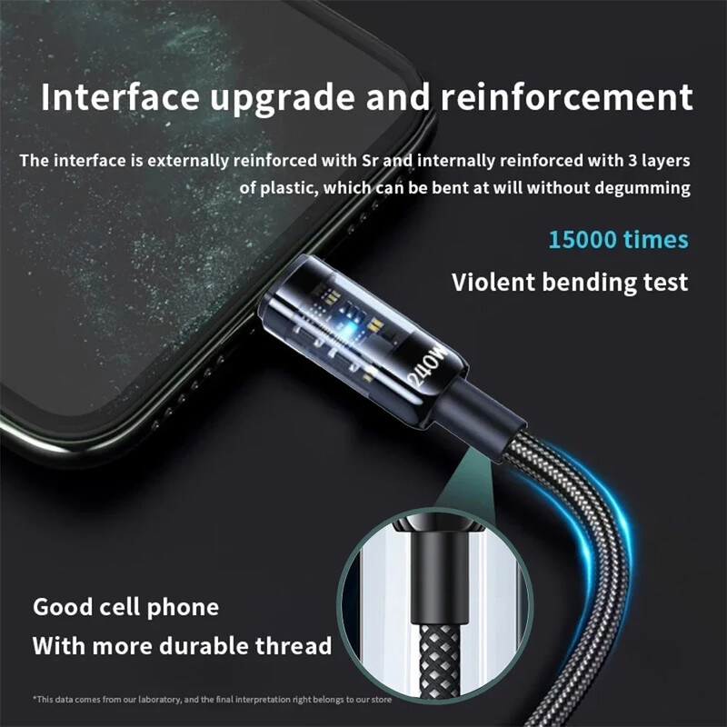 240W прозрачни LED светлини USB Type C Кабел за бързо зареждане за Samsung S24 Xiaomi Mi Phones Tablet USB-C кабел за данни 0,25/1/1,5/2M