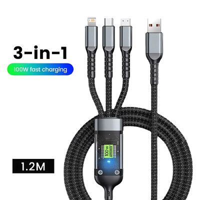 Átlátszó chip 3 az 1-ben 100 W 5A gyorstöltő USB-C típusú mini gyorstöltő kábel kompatibilis mobiltelefonokkal/Android/Tabl