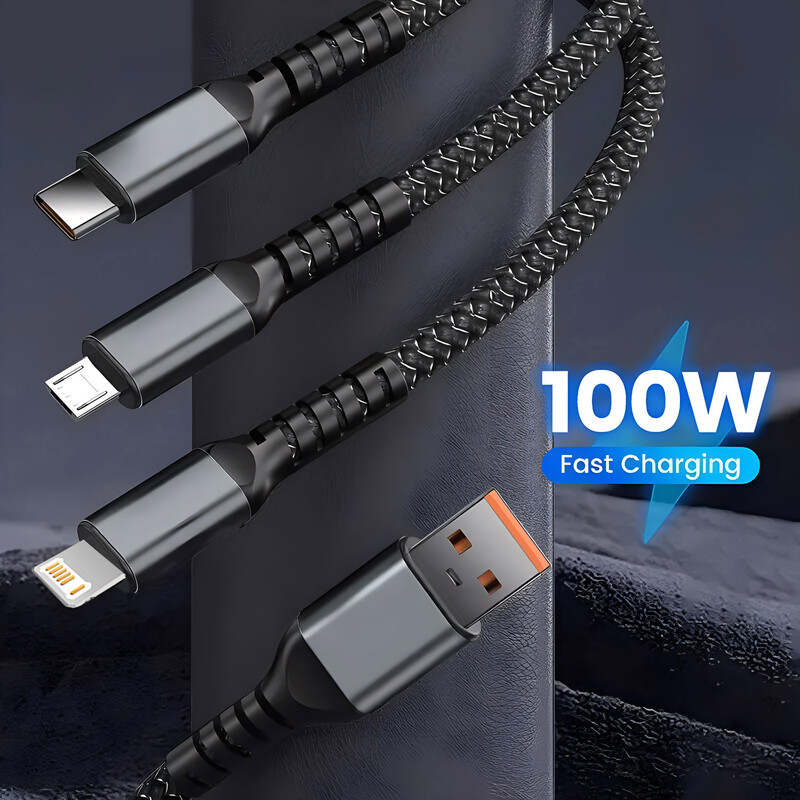 Прозрачен чип 3-в-1 100W 5A бързо зареждане USB към Type-C мини кабел за бързо зареждане, съвместим с мобилни телефони/Android/Tabl