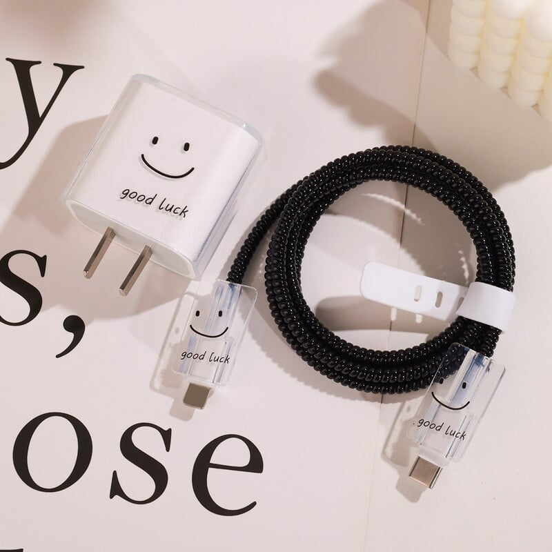 Smiling Face Charger apsauginis dėklas, tinka Apple 18W-20W iPhone 15 16 14 greito įkroviklio įkrovimo apsaugai duomenų laido vyniotuvui