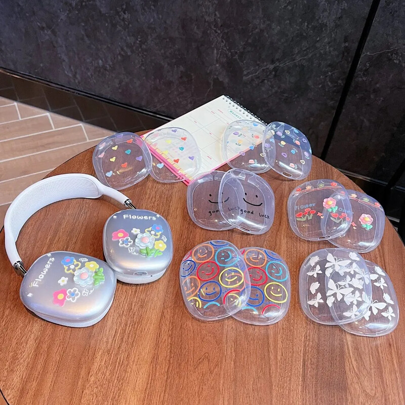 За AirPods Max Прозрачен калъф със сладък модел Мек силиконов TPU удароустойчив капак Калъф Защитни калъфи Аксесоари за слушалки
