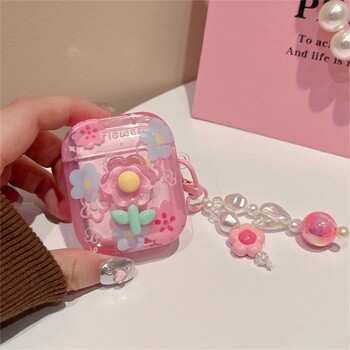 Χαριτωμένη 3D Flower Pink Θήκη Ακουστικών για AirPods 4 With Love Heart Bead Κρεμαστό Προστατευτικό κάλυμμα με κέλυφος για AirPods 1 3 Pro 2