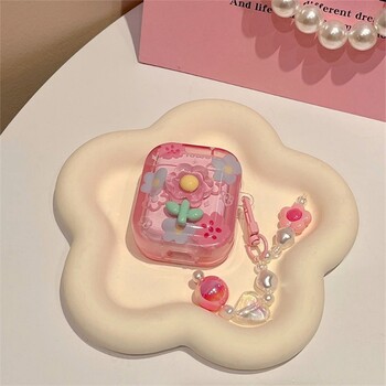 Χαριτωμένη 3D Flower Pink Θήκη Ακουστικών για AirPods 4 With Love Heart Bead Κρεμαστό Προστατευτικό κάλυμμα με κέλυφος για AirPods 1 3 Pro 2