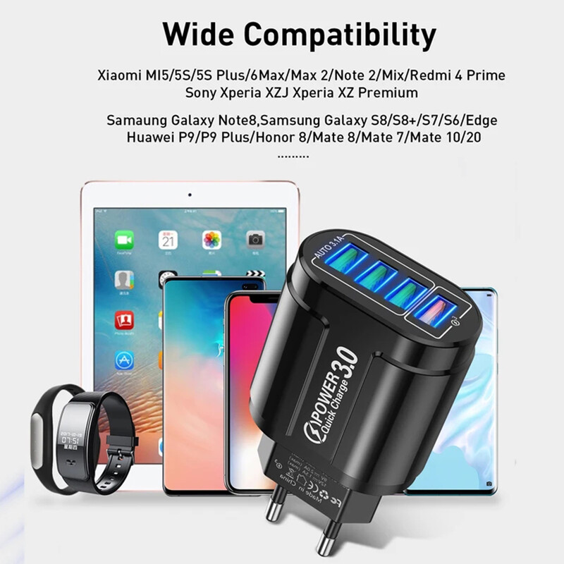48W QC3.0 Brzi punjač 4USB EU Standard Putni Prijenosni 4 porta Brzo punjenje Prikladno za Android iPhone Xiaomi Ostali uređaji