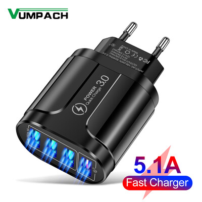 4 USB 45W USB töltő Fast Charge QC 3.0 fali töltés iPhone 15 14 Samsung Xiaomi Mobile 4 portos EU US Plug Adapter Travel