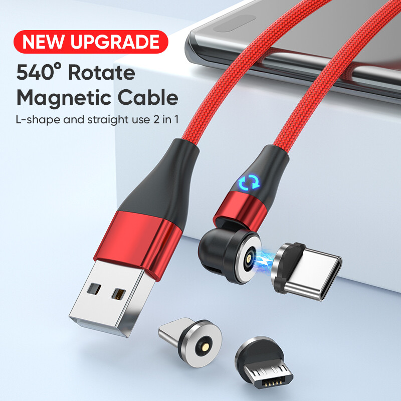 3 in 1 540 rotacinis magnetinis USB TYPE C įkrovimo laidas, skirtas Xiaomi Samsung Redmi Micro USB TYPE C, skirtas iPhone Android telefono USB laidas