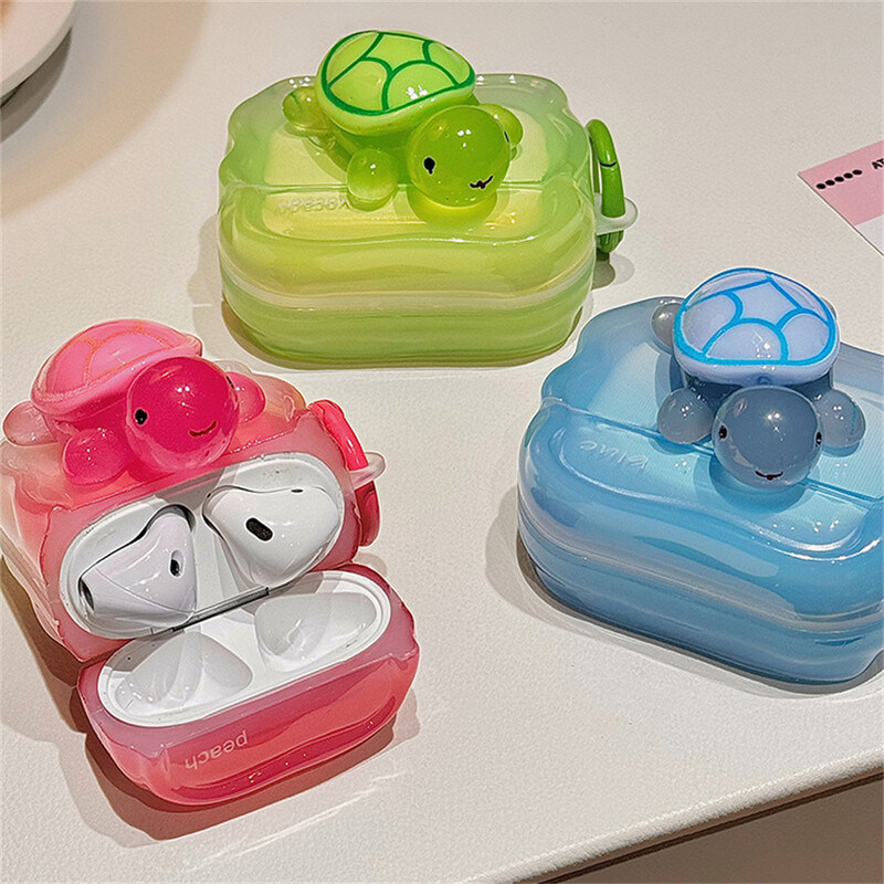 Kawaii mielas 3D Turtle Wave Border ausinių dėklas, skirtas AirPods 1 2 3 su raktų pakabuko apsauginiu apvalkalu, minkštu dangteliu, skirtas AirPods Pro2