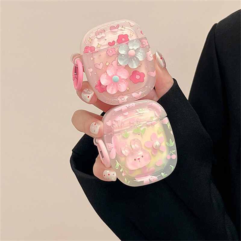 Slatka 3D zečeva ružičasta futrola za slušalice za AirPods 1 2 3 s privjeskom za ključeve, mekana zaštitna maska za AirPods Pro 2 poklopac