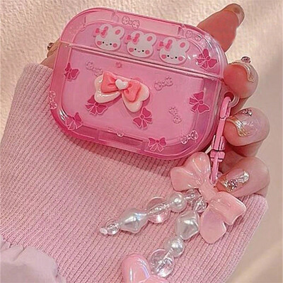 Корейски сладък анимационен 3D Bowknot заек, розов калъф за слушалки за AirPods 1 2 3 с любовно сърце, висулка, меко покритие за AirPods Pro2