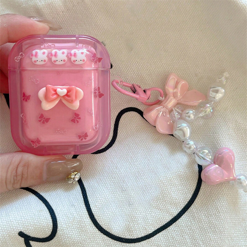 Корейски сладък анимационен 3D Bowknot заек, розов калъф за слушалки за AirPods 1 2 3 с любовно сърце, висулка, меко покритие за AirPods Pro2