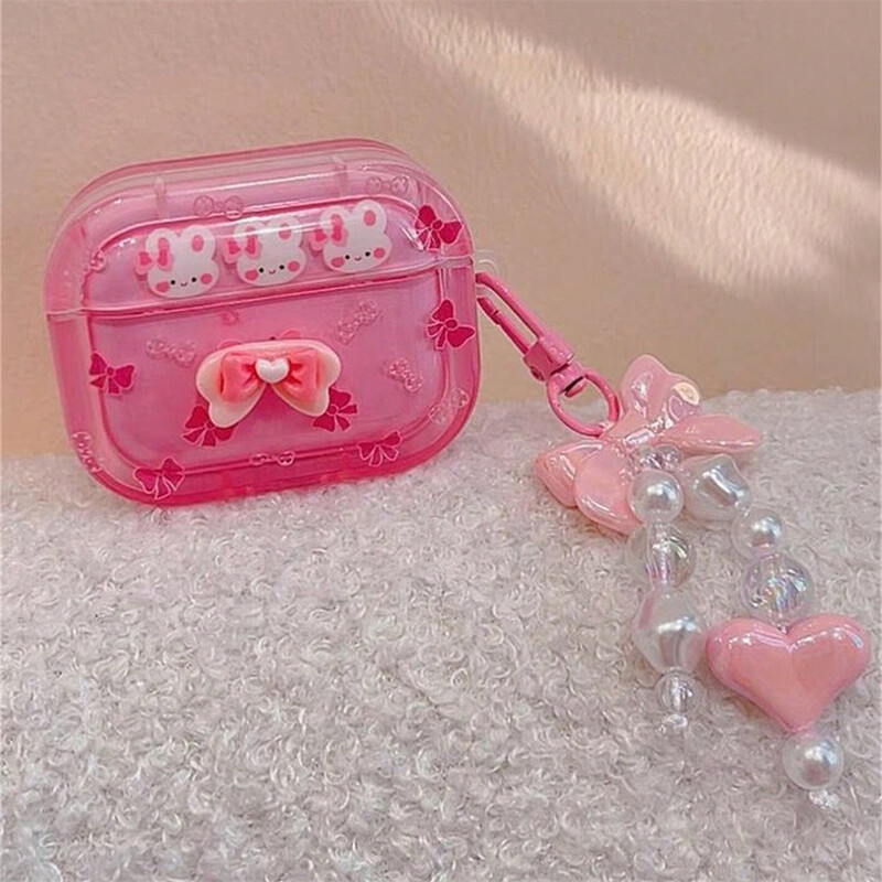 Корейски сладък анимационен 3D Bowknot заек, розов калъф за слушалки за AirPods 1 2 3 с любовно сърце, висулка, меко покритие за AirPods Pro2