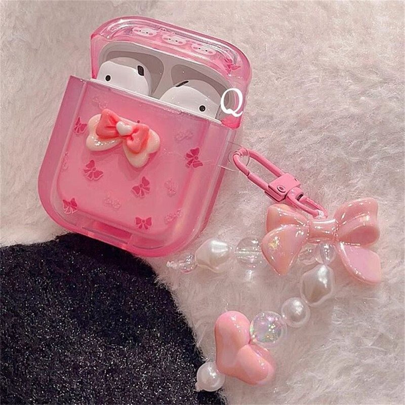 Корейски сладък анимационен 3D Bowknot заек, розов калъф за слушалки за AirPods 1 2 3 с любовно сърце, висулка, меко покритие за AirPods Pro2