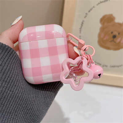 Korejska simpatična ružičasta torbica za slušalice s kariranim uzorkom za AirPods 1 2 3 sa zvjezdastim privjeskom, zaštitnom školjkom, meka navlaka za AirPods Pro 2