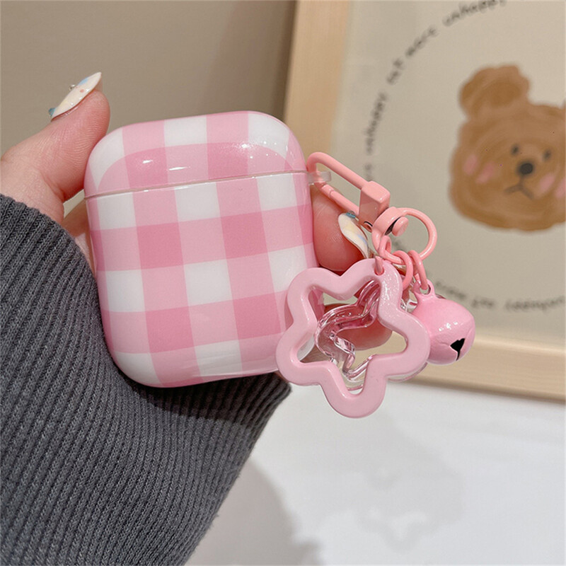 Korejska simpatična ružičasta torbica za slušalice s kariranim uzorkom za AirPods 1 2 3 sa zvjezdastim privjeskom, zaštitnom školjkom, meka navlaka za AirPods Pro 2