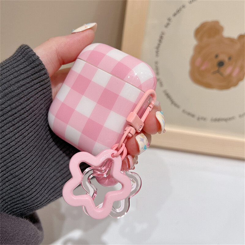 Korejska simpatična ružičasta torbica za slušalice s kariranim uzorkom za AirPods 1 2 3 sa zvjezdastim privjeskom, zaštitnom školjkom, meka navlaka za AirPods Pro 2