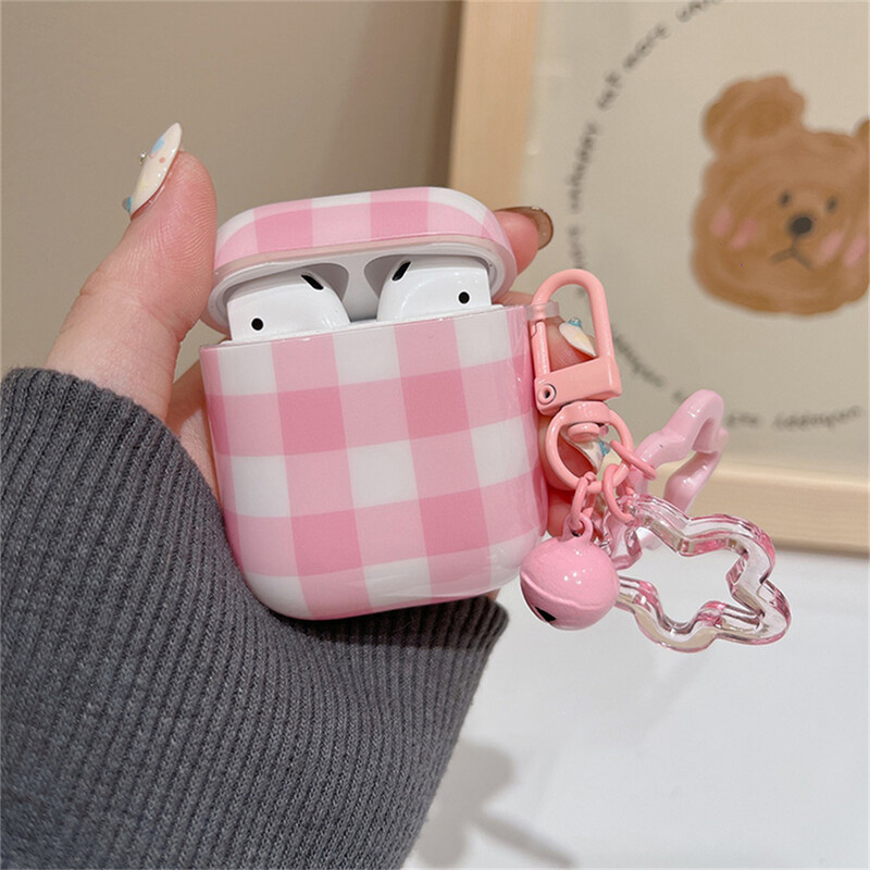 Korejska simpatična ružičasta torbica za slušalice s kariranim uzorkom za AirPods 1 2 3 sa zvjezdastim privjeskom, zaštitnom školjkom, meka navlaka za AirPods Pro 2