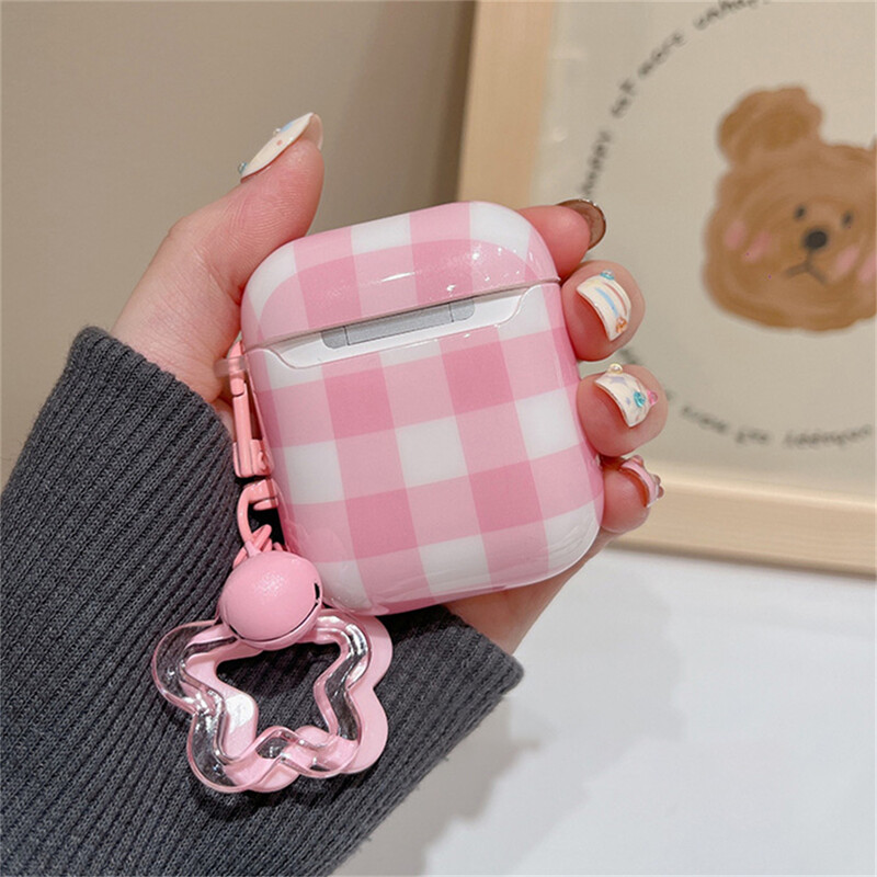Korejska simpatična ružičasta torbica za slušalice s kariranim uzorkom za AirPods 1 2 3 sa zvjezdastim privjeskom, zaštitnom školjkom, meka navlaka za AirPods Pro 2